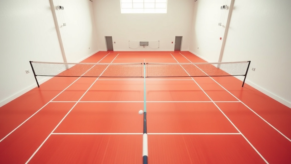 배드민턴 코트에 네트가 설치된 경기장 구조를 보여주는 상단 시점 이미지