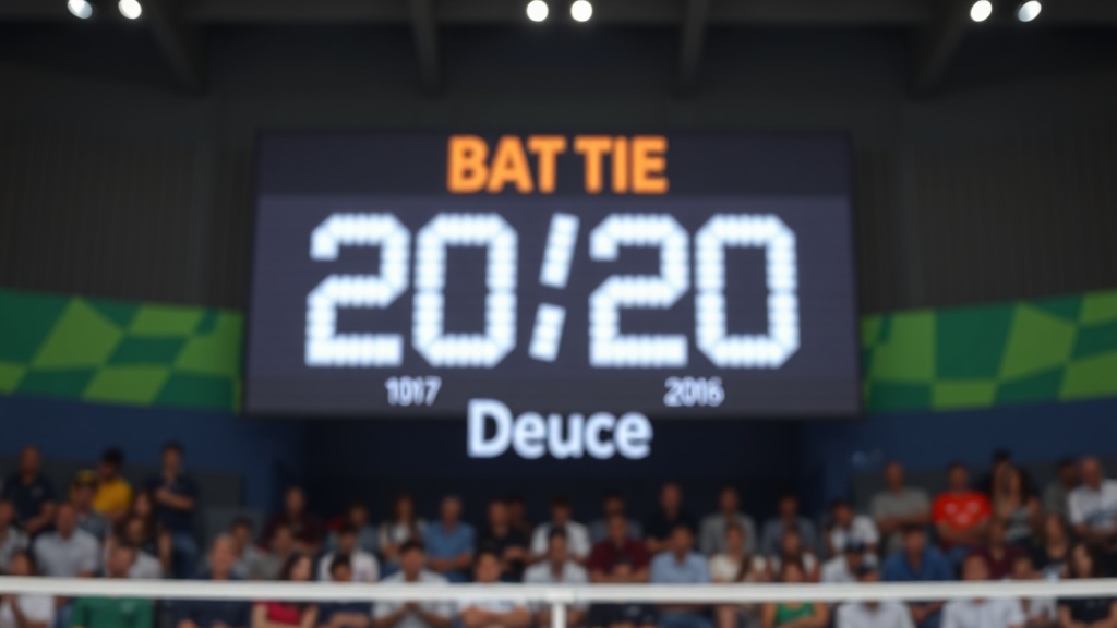 배드민턴 경기 스코어보드에 양측 모두 20점으로 표시되어 듀스 상황을 나타내는 장면
