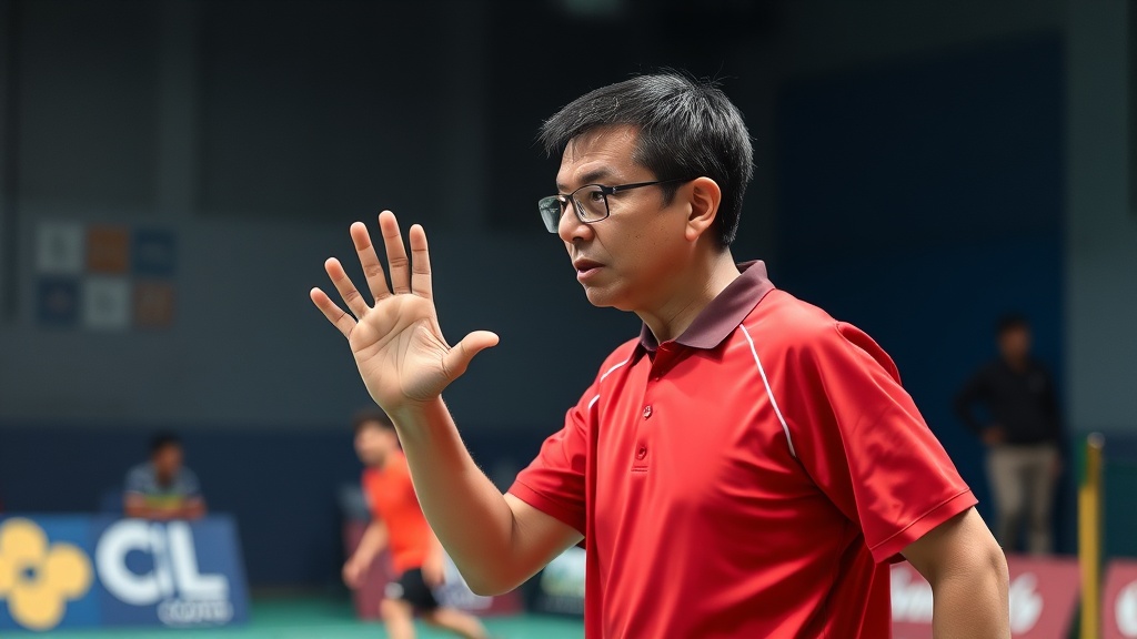 배드민턴 주심이 팔을 들어 게임포인트 상황을 표시하는 판정 장면