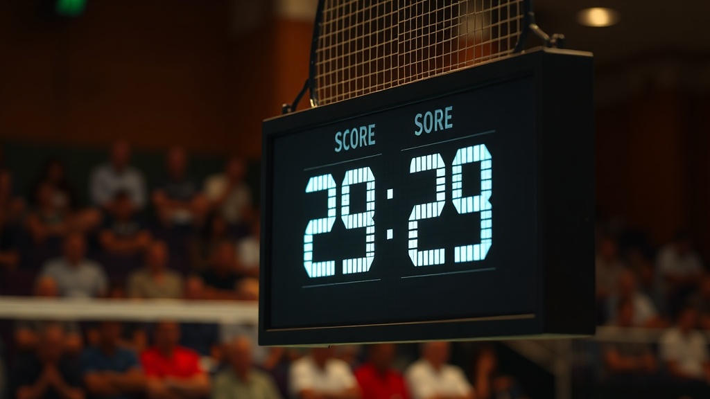 배드민턴 경기장 전광판에 29대29 점수가 표시되고 관중들이 집중하는 분위기