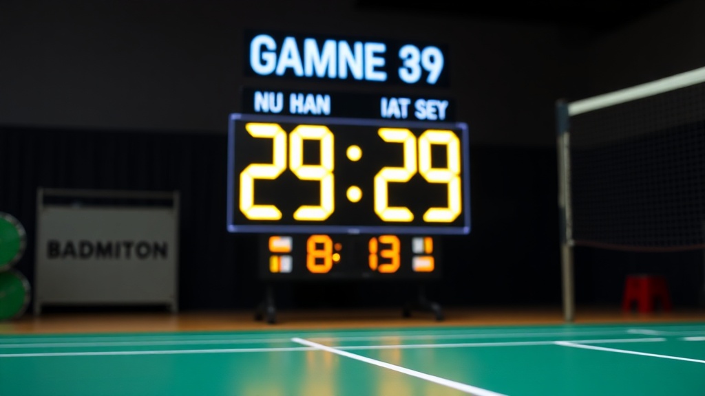 배드민턴 전광판에 29대29 점수와 경기 진행 시간이 함께 표시된 화면