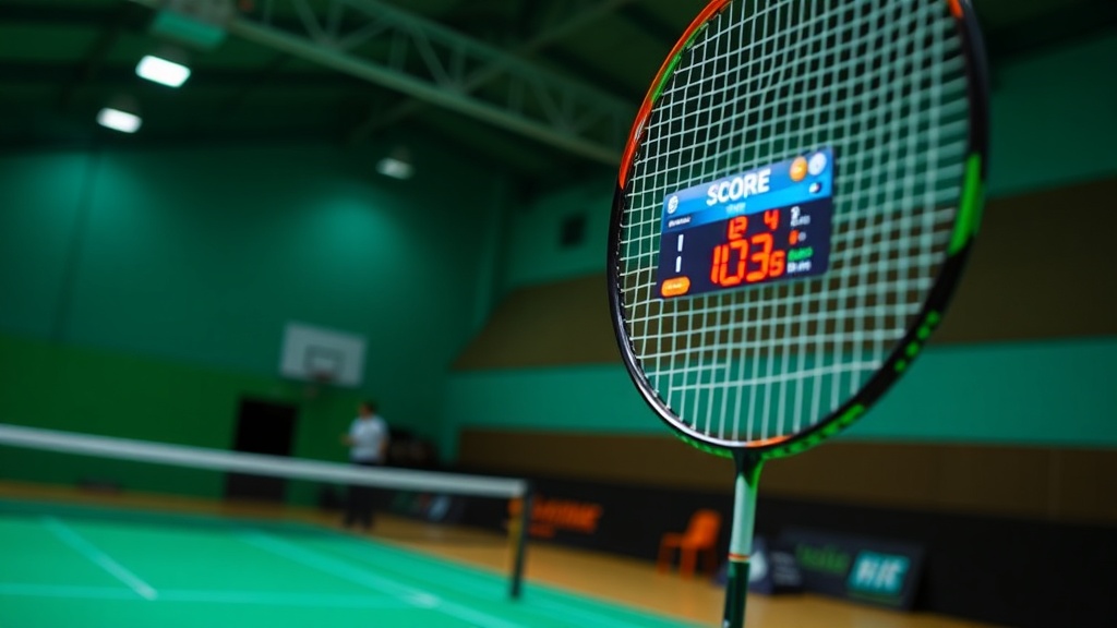 배드민턴 경기 중 전광판에 표시된 점수 현황을 나타내는 디지털 스코어보드
