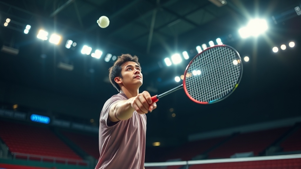 배드민턴 경기 중 선수가 서비스 동작을 준비하며 셔틀콕을 들고 있는 장면